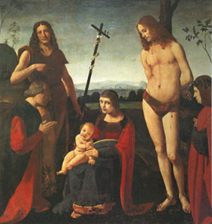 BOLTRAFFIO, Giovanni Antonio The Virgin and Child with Saints John the Baptist and Sebastian Between Two Donors (mk05) Spain oil painting art
